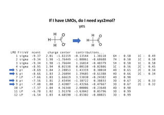 If I have LMOs, do I need xyz2mol?
yes
H
H
H
O
O-
LMO Fii/eV ncent charge center contributions...
1 sigma -9.37 2.01 -1.61159 -0.13544 1.38118 6H : 0.50 1C : 0.49
2 sigma -9.34 1.98 -1.76449 -1.08061 -0.68688 7H : 0.50 1C : 0.50
3 sigma -9.34 1.98 -1.76644 1.16814 -0.48379 5H : 0.50 1C : 0.50
4 sigma -8.95 1.94 0.01538 0.00110 -0.02886 1C : 0.56 2C : 0.45
5 pi -8.69 1.84 2.28053 1.43359 0.30010 4O : 0.65 2C : 0.34
6 pi -8.66 1.83 2.26094 1.39605 -0.61388 4O : 0.66 2C : 0.34
7 LP -7.66 1.03 1.66619 3.53830 -0.24102 4O : 0.98
8 pi -7.56 1.81 2.43494 -1.38722 0.38833 3O : 0.67 2C : 0.33
9 pi -7.48 1.80 2.42087 -1.43266 -0.47667 3O : 0.67 2C : 0.32
10 LP -7.37 1.04 4.36348 2.00006 -0.23648 4O : 0.98
11 LP -6.78 1.02 1.91370 -3.63042 0.05796 3O : 0.99
12 LP -6.54 1.03 4.60590 -1.85302 -0.08025 3O : 0.99
H
H
H
O
O
 