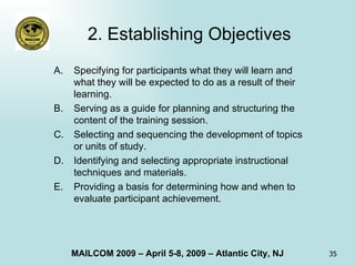 2. Establishing Objectives Specifying for participants what they will learn and what they will be expected to do as a result of their learning. Serving as a guide for planning and structuring the content of the training session. Selecting and sequencing the development of topics or units of study. Identifying and selecting appropriate instructional techniques and materials. Providing a basis for determining how and when to evaluate participant achievement. 