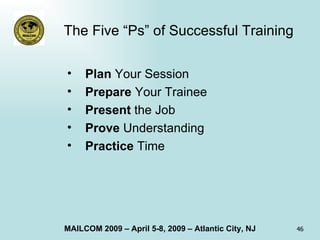 The Five “Ps” of Successful Training Plan  Your Session Prepare  Your Trainee Present  the Job Prove  Understanding Practice  Time 