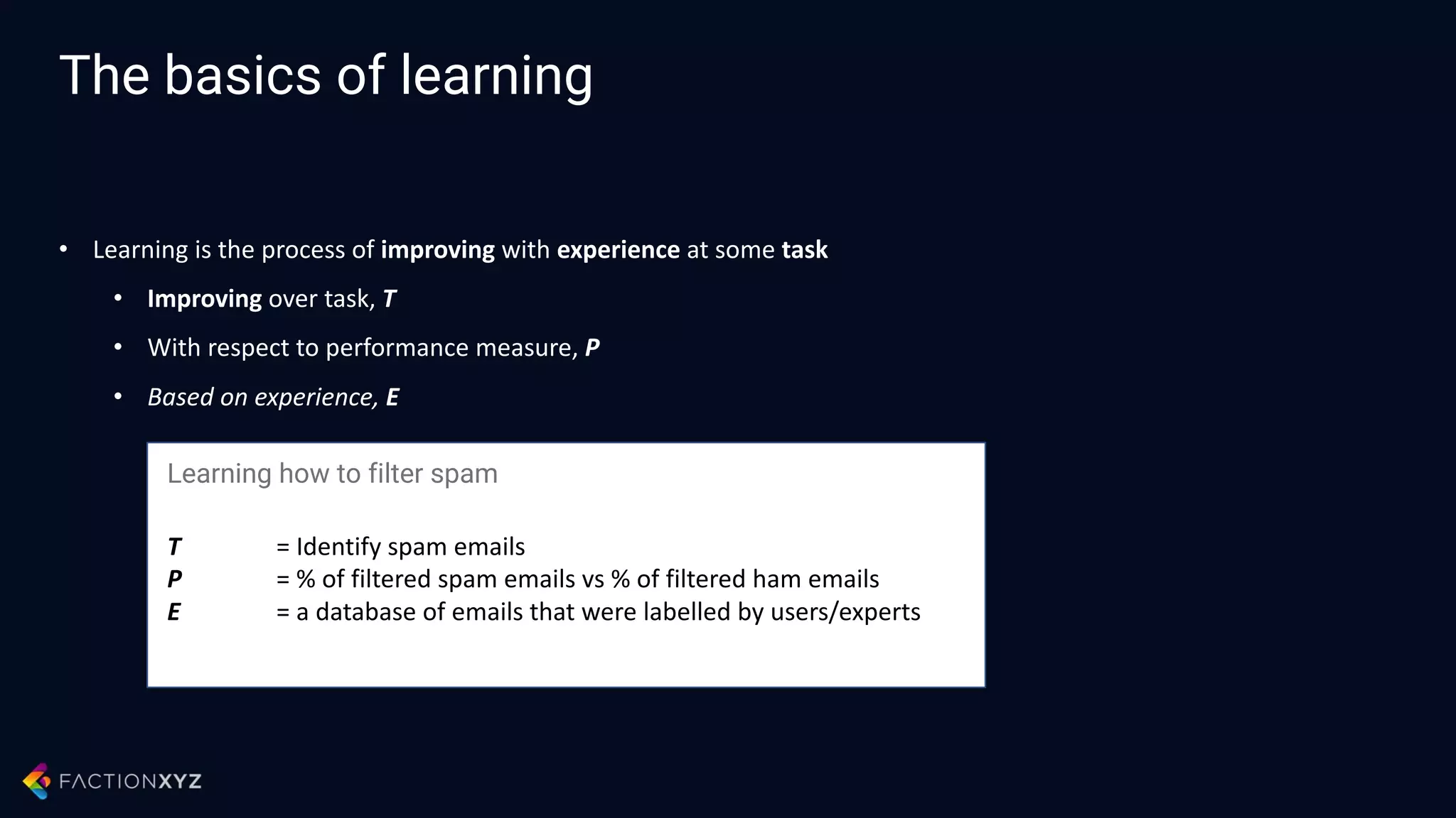The basics of machine
learning
Sensors, cameras,
databases, firewall,
IDS, email, etc.
Measuring devices
Noise filtering,
Feature Extraction,
Normalization
Preprocessing
Feature selection,
feature projection
Dimensionality
reduction
Classification,
regression,
clustering,
description
Model learning
Cross validation,
bootstrap
Model testing
P
Supervised UnsupervisedVS
Target / outcome is known
classification – regression
probability distribution in statistics, P(X/Y)
Target / outcome is unknown
clustering – decomposition
density estimation in statistics, P(X,Y)
 