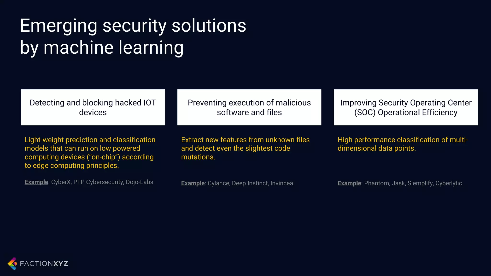 Emerging security solutions
by machine learning
Quantifying Cyber Risks
Process and classify millions of data
points to build predictions on risk and
formulate the best possible mitigation
practices.
Example: Brightsight, myDRO, Security Scorecard
Network Traffic Anomaly Detection
Analyzing millions of meta-data points,
both of internal and external networks;
learn baseline patterns and uncover
breaking patterns.
Example: DarkTrace, BluVector, Vectra Networks
Data Leak Prevention
AI capabilities to automatically classify
information might, brings a new
generation of DLPs.
Example: Harvest.ai, NeoKami
 