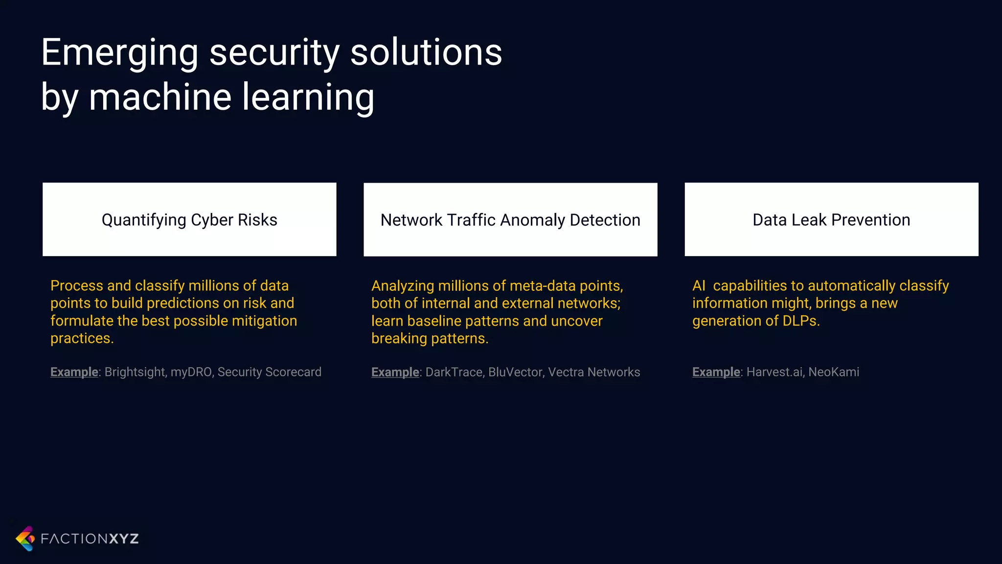Next generation security
solutions with deep learning
Context Aware Security
Use data enriching and profiling to identify
contradictory elements in a transaction of
a user.
Example: Brightwolf (Stealth)
Implicit Behavioral or Continuous
Authentication
Learning and analyzing how handling of a
smartphone or other device is considered
to be acceptable/normal or not.
Example: BioCatch, Bionym, BehavioSec
MANY MORE
 