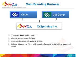 Own Branding Business
6
 Company Name: XYZPrinting Inc.
 Company registration: Taiwan
 Registered authorized capital: U...