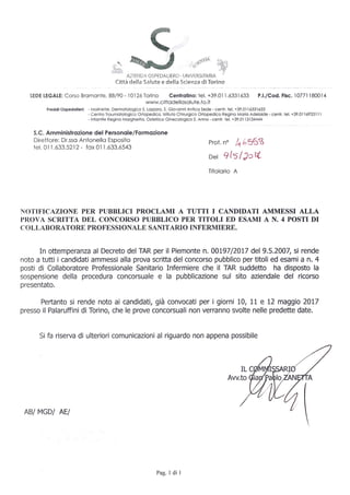 Notificazione sospensione concorso infermieri Torino