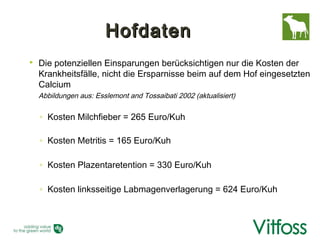 Hofdaten
   Die potenziellen Einsparungen berücksichtigen nur die Kosten der
    Krankheitsfälle, nicht die Ersparnisse beim auf dem Hof eingesetzten
    Calcium
    Abbildungen aus: Esslemont and Tossaibati 2002 (aktualisiert)

    ◦ Kosten Milchfieber = 265 Euro/Kuh

    ◦ Kosten Metritis = 165 Euro/Kuh

    ◦ Kosten Plazentaretention = 330 Euro/Kuh

    ◦ Kosten linksseitige Labmagenverlagerung = 624 Euro/Kuh
 