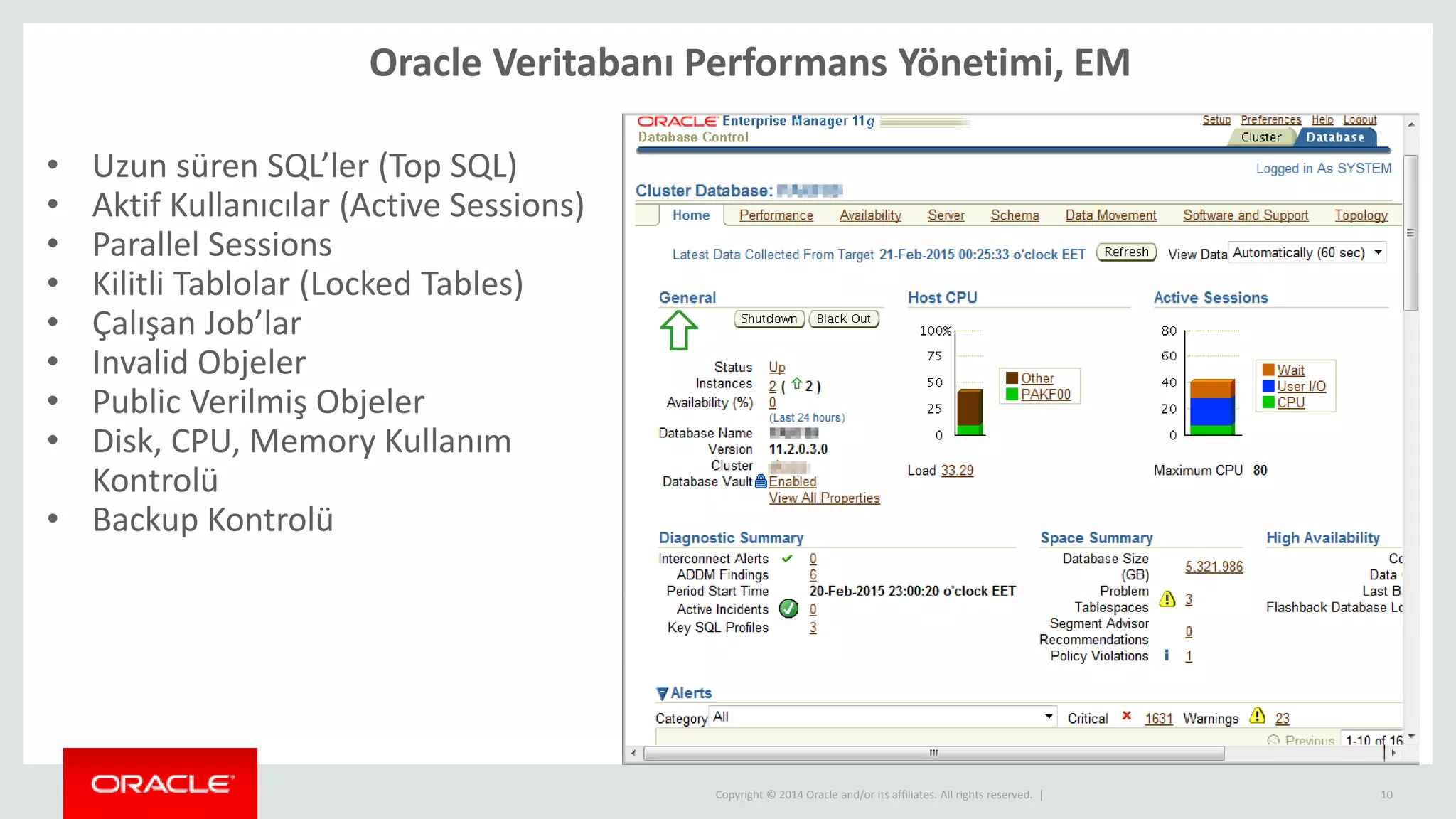 Copyright © 2014 Oracle and/or its affiliates. All rights reserved. |
Oracle Veritabanı Performans Yönetimi, EM
10
• Uzun süren SQL’ler (Top SQL)
• Aktif Kullanıcılar (Active Sessions)
• Parallel Sessions
• Kilitli Tablolar (Locked Tables)
• Çalışan Job’lar
• Invalid Objeler
• Public Verilmiş Objeler
• Disk, CPU, Memory Kullanım
Kontrolü
• Backup Kontrolü
 