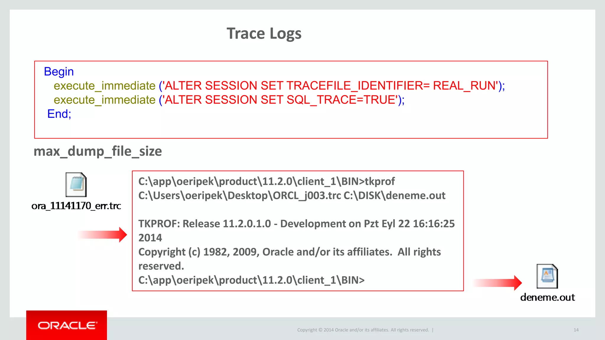 Copyright © 2014 Oracle and/or its affiliates. All rights reserved. |
Trace Logs
14
Begin
execute_immediate ('ALTER SESSION SET TRACEFILE_IDENTIFIER= REAL_RUN');
execute_immediate ('ALTER SESSION SET SQL_TRACE=TRUE');
End;
max_dump_file_size
C:appoeripekproduct11.2.0client_1BIN>tkprof
C:UsersoeripekDesktopORCL_j003.trc C:DISKdeneme.out
TKPROF: Release 11.2.0.1.0 - Development on Pzt Eyl 22 16:16:25
2014
Copyright (c) 1982, 2009, Oracle and/or its affiliates. All rights
reserved.
C:appoeripekproduct11.2.0client_1BIN>
 