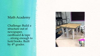 Math Academy
Challenge: Build a
structure out of
newspaper,
cardboard & tape
…strong enough to
hold books. Built
by 4th grader.
 