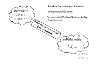 สมการคารังวัด
จํานวนตัวแปรไมทราบคา มากกวา จํานวนสมการ
ป  ื่ ไ ่
1
1415
12.15
vx
vx
+
+=
สมการคารงวด จําเปนตองกําหนดเงือนไขเพิมเติม
ในงานสํารวจนิยมใชเงื่อนไขของวิธีกําลังสองนอยที่สุด
214.15 vx +=
ุ
(Least Squares)
คาเปนไปไดมากที่สุด
xll ,ˆ,ˆ
21
111
ˆ
ˆ
ll
vll +=
222 vll +=
 