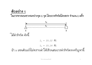 ั ตวอยาง 1
ในการหาระยะทางระหวางจุด 2 จุด โดยการรังวัดโดยตรง จํานวน 2 ครั้ง
ไดคารังวัด ดังนี้
1 12 มl1 = 15.12 ม.
l2 = 15.14 ม.
ถา x แทนตัวแปรไมทราบคา ใหเขียนสมการคารังวัดของปญหานี้
5วิชาการคํานวณปรับแก
 