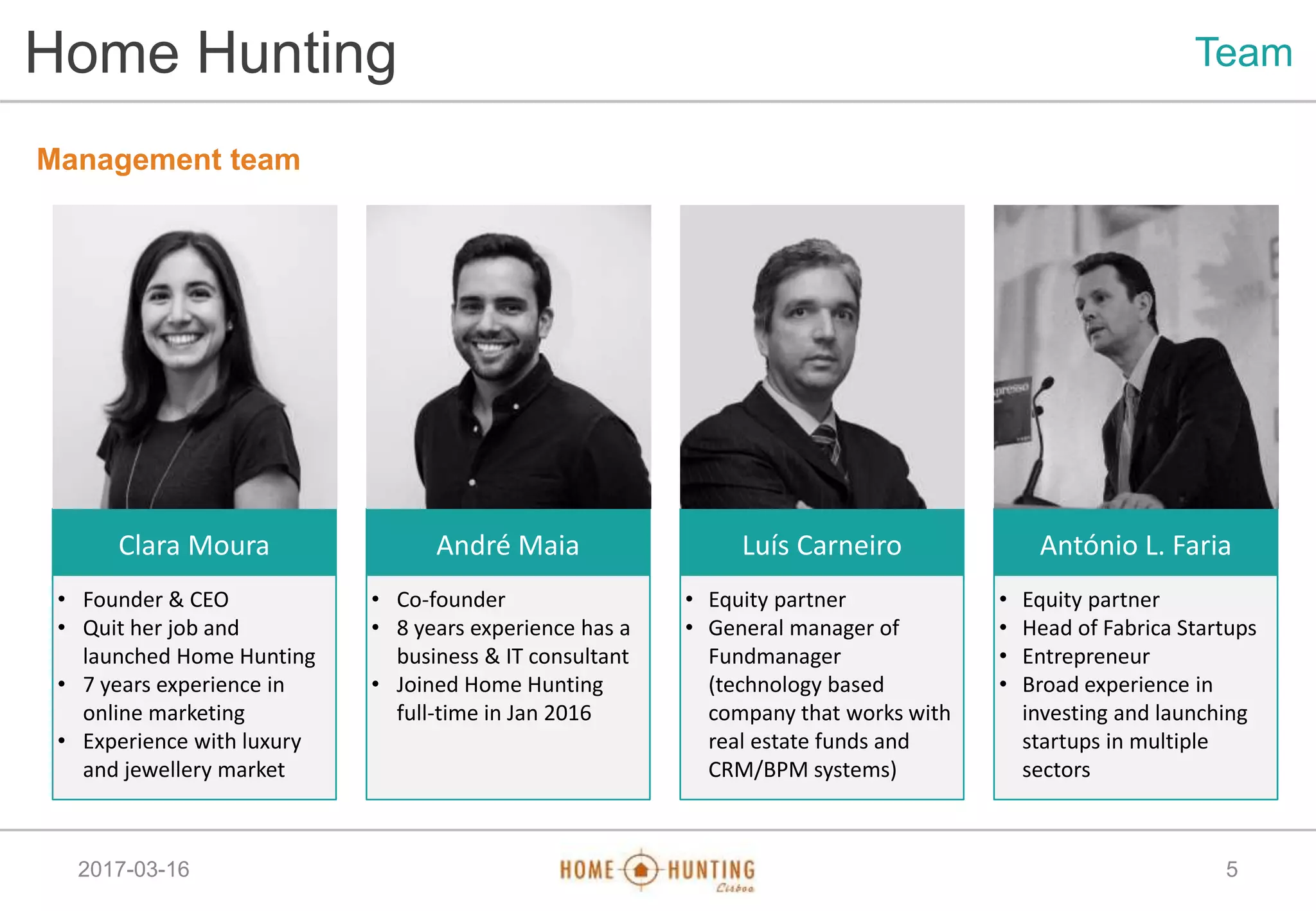 2017-03-16
Home Hunting Team
5
Management team
Clara Moura
• Founder & CEO
• Quit her job and
launched Home Hunting
• 7 years experience in
online marketing
• Experience with luxury
and jewellery market
André Maia
• Co-founder
• 8 years experience has a
business & IT consultant
• Joined Home Hunting
full-time in Jan 2016
Luís Carneiro
• Equity partner
• General manager of
Fundmanager
(technology based
company that works with
real estate funds and
CRM/BPM systems)
António L. Faria
• Equity partner
• Head of Fabrica Startups
• Entrepreneur
• Broad experience in
investing and launching
startups in multiple
sectors
 