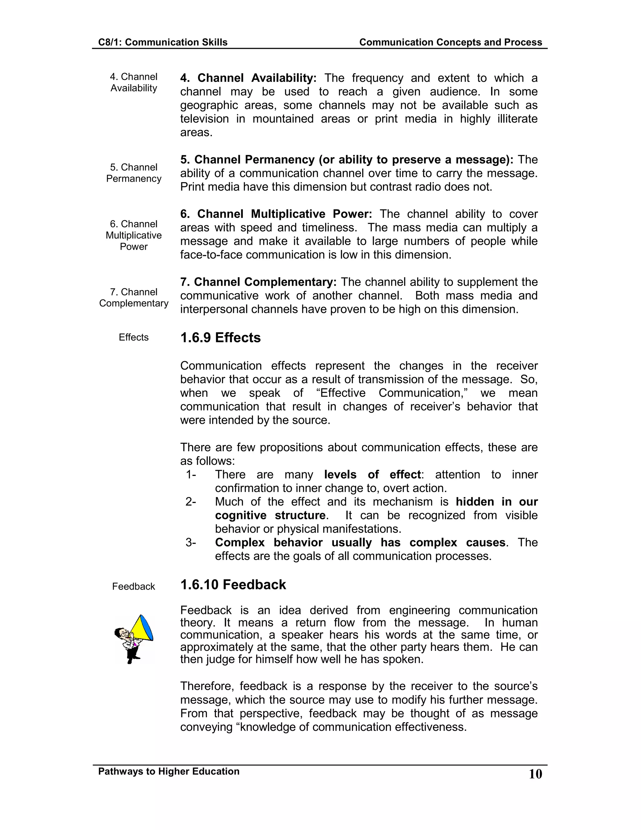 C8/1: Communication Skills Communication Concepts and Process
Pathways to Higher Education 10
4. Channel
Availability
5. Channel
Permanency
6. Channel
Multiplicative
Power
7. Channel
Complementary
Effects
Feedback
4. Channel Availability: The frequency and extent to which a
channel may be used to reach a given audience. In some
geographic areas, some channels may not be available such as
television in mountained areas or print media in highly illiterate
areas.
5. Channel Permanency (or ability to preserve a message): The
ability of a communication channel over time to carry the message.
Print media have this dimension but contrast radio does not.
6. Channel Multiplicative Power: The channel ability to cover
areas with speed and timeliness. The mass media can multiply a
message and make it available to large numbers of people while
face-to-face communication is low in this dimension.
7. Channel Complementary: The channel ability to supplement the
communicative work of another channel. Both mass media and
interpersonal channels have proven to be high on this dimension.
1.6.9 Effects
Communication effects represent the changes in the receiver
behavior that occur as a result of transmission of the message. So,
when we speak of “Effective Communication,” we mean
communication that result in changes of receiver’s behavior that
were intended by the source.
There are few propositions about communication effects, these are
as follows:
1- There are many levels of effect: attention to inner
confirmation to inner change to, overt action.
2- Much of the effect and its mechanism is hidden in our
cognitive structure. It can be recognized from visible
behavior or physical manifestations.
3- Complex behavior usually has complex causes. The
effects are the goals of all communication processes.
1.6.10 Feedback
Feedback is an idea derived from engineering communication
theory. It means a return flow from the message. In human
communication, a speaker hears his words at the same time, or
approximately at the same, that the other party hears them. He can
then judge for himself how well he has spoken.
Therefore, feedback is a response by the receiver to the source’s
message, which the source may use to modify his further message.
From that perspective, feedback may be thought of as message
conveying “knowledge of communication effectiveness.
 