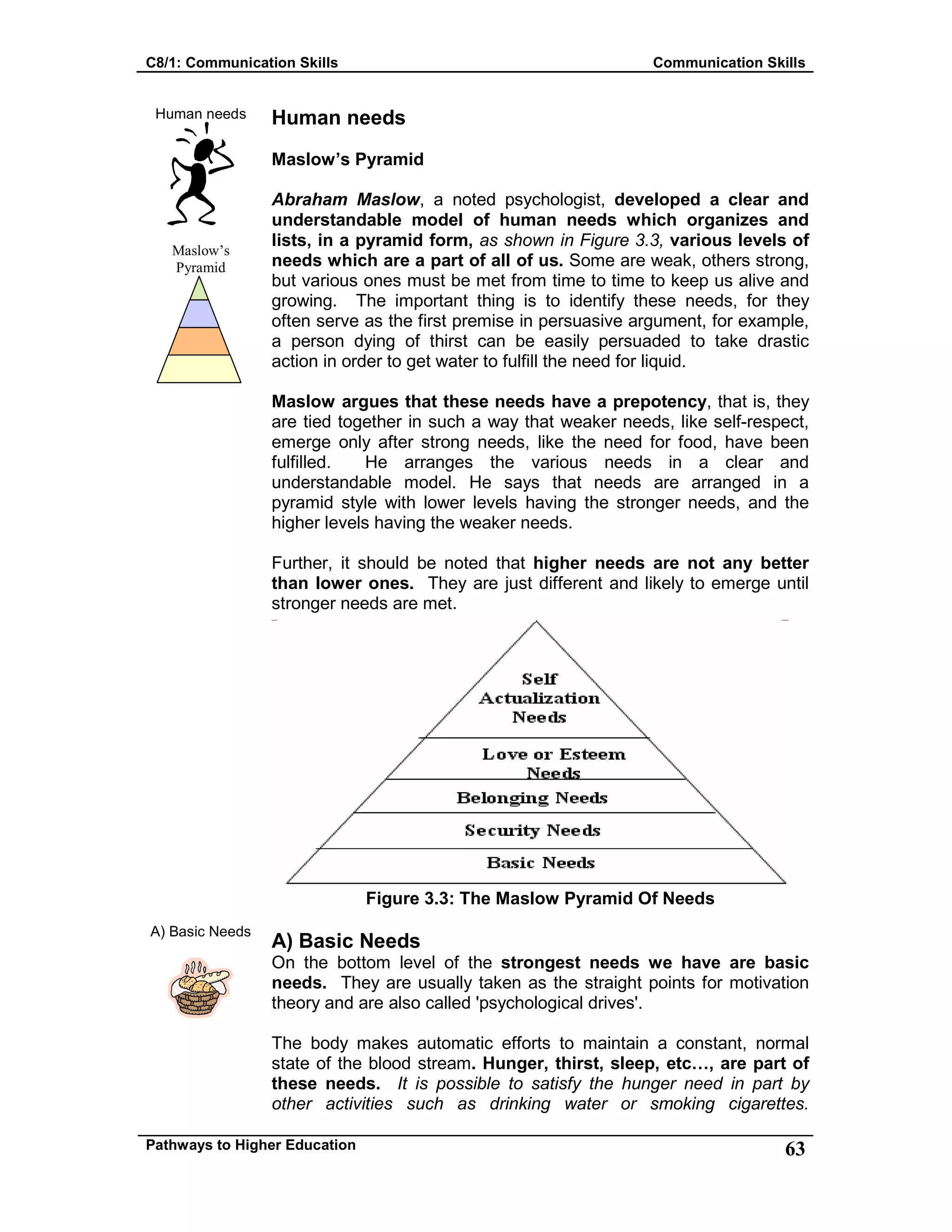 C8/1: Communication Skills Communication Skills
Pathways to Higher Education 63
Human needs
Maslow’s
Pyramid
A) Basic Needs
Human needs
Maslow’s Pyramid
Abraham Maslow, a noted psychologist, developed a clear and
understandable model of human needs which organizes and
lists, in a pyramid form, as shown in Figure 3.3, various levels of
needs which are a part of all of us. Some are weak, others strong,
but various ones must be met from time to time to keep us alive and
growing. The important thing is to identify these needs, for they
often serve as the first premise in persuasive argument, for example,
a person dying of thirst can be easily persuaded to take drastic
action in order to get water to fulfill the need for liquid.
Maslow argues that these needs have a prepotency, that is, they
are tied together in such a way that weaker needs, like self-respect,
emerge only after strong needs, like the need for food, have been
fulfilled. He arranges the various needs in a clear and
understandable model. He says that needs are arranged in a
pyramid style with lower levels having the stronger needs, and the
higher levels having the weaker needs.
Further, it should be noted that higher needs are not any better
than lower ones. They are just different and likely to emerge until
stronger needs are met.
Figure 3.3: The Maslow Pyramid Of Needs
A) Basic Needs
On the bottom level of the strongest needs we have are basic
needs. They are usually taken as the straight points for motivation
theory and are also called 'psychological drives'.
The body makes automatic efforts to maintain a constant, normal
state of the blood stream. Hunger, thirst, sleep, etc…, are part of
these needs. It is possible to satisfy the hunger need in part by
other activities such as drinking water or smoking cigarettes.
 