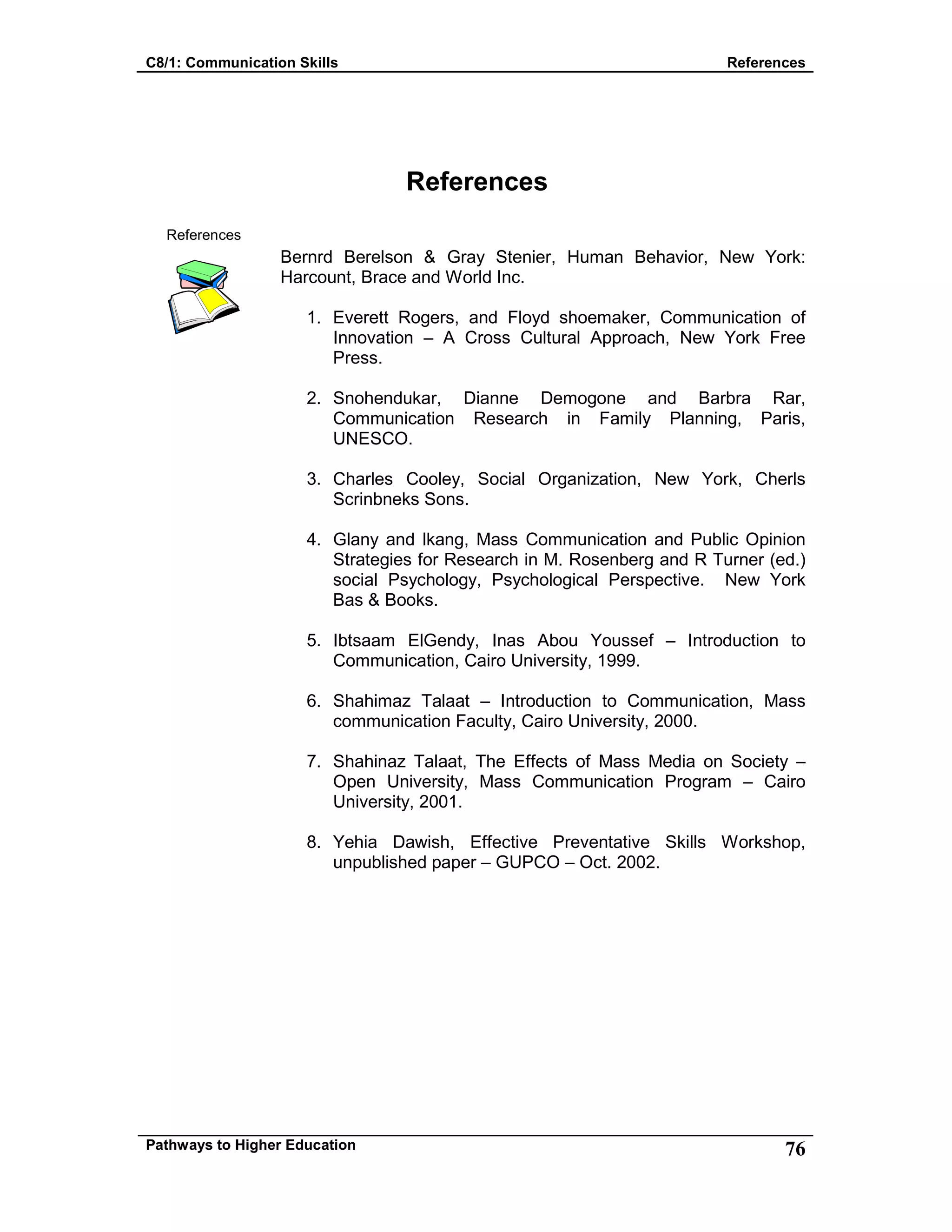 C8/1: Communication Skills References
Pathways to Higher Education 76
References
References
Bernrd Berelson & Gray Stenier, Human Behavior, New York:
Harcount, Brace and World Inc.
1. Everett Rogers, and Floyd shoemaker, Communication of
Innovation – A Cross Cultural Approach, New York Free
Press.
2. Snohendukar, Dianne Demogone and Barbra Rar,
Communication Research in Family Planning, Paris,
UNESCO.
3. Charles Cooley, Social Organization, New York, Cherls
Scrinbneks Sons.
4. Glany and lkang, Mass Communication and Public Opinion
Strategies for Research in M. Rosenberg and R Turner (ed.)
social Psychology, Psychological Perspective. New York
Bas & Books.
5. Ibtsaam ElGendy, Inas Abou Youssef – Introduction to
Communication, Cairo University, 1999.
6. Shahimaz Talaat – Introduction to Communication, Mass
communication Faculty, Cairo University, 2000.
7. Shahinaz Talaat, The Effects of Mass Media on Society –
Open University, Mass Communication Program – Cairo
University, 2001.
8. Yehia Dawish, Effective Preventative Skills Workshop,
unpublished paper – GUPCO – Oct. 2002.
 