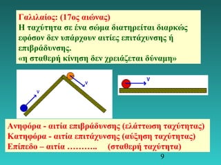 Γαλιλαίος: (17ος αιώνας) 
Η ταχύτητα σε ένα σώμα διατηρείται διαρκώς 
εφόσον δεν υπάρχουν αιτίες επιτάχυνσης ή 
επιβράδυνσης. 
«η σταθερή κίνηση δεν χρειάζεται δύναμη» 
Ανηφόρα - αιτία επιβράδυνσης (ελάττωση ταχύτητας) 
Κατηφόρα - αιτία επιτάχυνσης (αύξηση ταχύτητας) 
Επίπεδο – αιτία ……….. (σταθερή ταχύτητα) 
9 
 