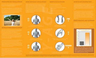 PRÉSENTATION DE Y-AGE GLUTATHION                                 MODE D’EMPLOI DE Y-AGE GLUTATHION                                                                                   BÉNÉFICES DU GLUTATHION                                                                                              QU’EST-CE QUE L’ACUPONCTURE?
Et s’il y avait un moyen d’augmenter le niveau d’antioxydants
de votre corps sans prendre de pilules ou de jus ? C’est
                                                                 Placer un patch au glutathion sur le corps, à l’un des points
                                                                 illustrés ci-dessous. Utilisez un patch trois jours par semaine
                                                                                                                                                                                     • Bonifie l’état général de santé                                                                                    L’acuponcture est un art oriental de la guérison, basé sur la
                                                                                                                                                                                                                                                                                                          médecine traditionnelle de l’Orient. En général, un
aujourd’hui une réalité grâce à LifeWave.                        (par exemple, lundi, mercredi et vendredi). Appliquer le                                                            • Renforce le système immunitaire                                                                                    acuponcteur stimule les points d’acuponcture sur la surface
                                                                 patch le matin, sur une peau propre et sèche. Les patchs
                                                                                                                                                                                     • Neutralise les radicaux libres responsables des                                                                    du corps avec des aiguilles ou une pression, afin d’améliorer




                                                                                                                             Y- AG E
Notre système exclusif de patch non-transdermique utilise        peuvent être portés pendant 12 heures maximum ( jetez-les                                                                                                                                                                                le sommeil, soulager la douleur et l’inconfort, et favoriser la
                                                                                                                                                                                       lésions cutanées
une nouvelle technologie consistant à stimuler délicatement      ensuite). Ne pas réutiliser les patchs qui ont été décollés de                                                                                                                                                                           santé.
les points d’acuponcture. Le résultat est une amélioration
littérale du flux d’énergie dans le corps et une augmentation
                                                                 la peau. Compte tenu des propriétés de désintoxication du
                                                                 glutathion, il convient de boire beaucoup d’eau pendant
                                                                                                                                                                                     • Favorise la libération des toxines stockées                                                                        Les patchs autocollants Y-Age utilisent les principes de la
testée cliniquement des taux sanguins de glutathion,             l’utilisation de ce produit.                                                                                        • Contribue à minimiser les rides et ridules                                                                         médecine orientale et de l’acuponcture sans aiguille. Ils
l’antioxydant principal de l’organisme.                                                                                                                                              • Améliore les performances sportives                                                                                stimulent délicatement les points sur le corps ayant été
                                                                                                                                                                                                                                                                                                          utilisés depuis des millénaires pour équilibrer et améliorer le
                                                                                                                                                                                                                                                                                                          flux d’énergie dans le corps humain. Le résultat : une façon
                                                                                                                                                                                                                                                                                                          naturelle d’améliorer votre qualité de vie sans l’aide de
                                                                                                                                                                                                                                                                                                          médicaments, de stimulants ou d’aiguilles qui pénètrent

                                                                        CV                                                                                                                                                                                              FOIE                              dans le corps.


                                                                        17                                                                                                                                                                                               3                                MODE D’EMPLOI DE Y-AGE® GLUTATHION
                                                                                                                                                                                                                                                                                                          Le glutathion agit dans votre organisme comme
                                                                                                                                                                                                                                                                                                          antioxydant principal. À mesure que nous vieillissons, la
                                                                                                                                                                                                                                                                                                          concentration de glutathion s’amoindrit. De nombreux
                                                                                   Ce point est situé sur le sternum,                                                                                      Ce point est situé sur le pied droit,
                                                                                                                                                                                                                                                                                                          scientifiques estiment aujourd’hui que notre durée de vie
                                                                            qui se trouve exactement au milieu du thorax.                                                                                   dans la palmature du gros orteil.
                                                                                                                                                                                                                                                                                                          est directement liée à notre taux de glutathion.
NOUVELLE TECHNOLOGIE AU GLUTATHION
Nous avons tous l’idée préconçue qu’il faut mettre quelque
chose dans notre corps (des vitamines, par exemple) pour
favoriser la santé. Une bonne alimentation, une
consommation d’eau suffisante et l’exercice physique sont               CV                                                                                                                                                                                                   LI
essentiels à un mode de vie sain, mais notre organisme
nécessite également un flux continu d’énergie. Par exemple,
                                                                         6                                                                                                                                                                                                   4
le cerveau et les nerfs transmettent des signaux électriques
aux muscles pour qu’ils exploitent l’énergie chimique en
réserve afin de se contracter.
                                                                                      Ce point est situé à environ 5 cm                                                                          Ce point est situé sur le dos de la main droite,
                                                                                   (4 largeurs de doigts) sous le nombril.                                                                           dans la palmature, sur l’os de l’index.
On sait depuis des milliers d’années que certaines fréquences
lumineuses peuvent provoquer des changements
particuliers dans le corps humain. Lors des expositions au
soleil, une fréquence lumineuse déclenche la production de
vitamine D par l’organisme. Une autre fréquence lumineuse
(UV) déclenche la production de mélanine (l’agent chimique
qui permet à la peau de bronzer).                                       CV                                                                                                                                                                                      POUMON
Le patch Y-Age Glutathion exploite ces connaissances pour
                                                                        22                                                                                                                                                                                         9                                           Le patch LifeWave Y-Age Glutathion est une nouvelle méthode
                                                                                                                                                                                                                                                                                                               permettant d’augmenter le taux de glutathion dans le corps de façon
                                                                                                                                                                                                                                                                                                               quotidienne. Nos essais cliniques indiquent que l’augmentation
stimuler les points d’acuponcture sur le corps afin                                                                                                                                                                                                                                                            MOYENNE du taux de glutathion dans le sang sur une période de 24
d’améliorer le flux d’énergie. Les essais clinques ont prouvé                                                                                                                                                                                                                                                  heures est (incroyable mais vrai !) 3 FOIS SUPÉRIEURE à la normale.
que cette méthode permet d’augmenter la concentration de                                                                                                                                                                                                                                                       Notre technologie du patch permet d’obtenir une augmentation du
                                                                                  Ce point est situé à la base de la gorge,                                                                  En suivant la ligne du pouce vers le pli du poignet,                                                              taux de glutathion pratique, efficace et sans danger.
glutathion dans le sang de plus de 300 % en 24 heures
                                                                                  dans le creux, au milieu de la clavicule.                                                                   ce point se trouve dans le creux au niveau du pli.
seulement ! (Comparez cet effet à celui des pilules ou des jus
qui n’augmentent vos taux de glutathion que de 1 % en 24         AVERTISSEMENTS: Retirer immédiatement en cas d’inconfort ou d’irritation de la peau. Ne pas réutiliser le patch qui a été décollé de la peau. Ne pas utiliser plusieurs patchs en même temps sur le corps. Bien hydrater le corps en buvant beaucoup d’eau pendant l’utilisation des patchs. Réservé à l’usage externe. Ne pas ingérer.
                                                                 Ne pas utiliser sur des blessures ou une peau abîmée. Demander l’avis d’un professionnel de la santé avant d’utiliser les patchs en cas de problème de santé. Ne pas utiliser les patchs pendant la grossesse ou l’allaitement. Ces informations n’ont pas été évaluées par la FDA, l’organisme américain de surveillance des aliments et des
heures).                                                         médicaments. Ce produit n’est pas indiqué pour le diagnostic, le traitement, la guérison ou la prévention d’aucune maladie. *Les résultats varient en fonction des individus.
 