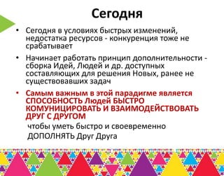 Сегодня
• Сегодня в условиях быстрых изменений,
  недостатка ресурсов - конкуренция тоже не
  срабатывает
• Начинает работать принцип дополнительности -
  сборка Идей, Людей и др. доступных
  составляющих для решения Новых, ранее не
  существовавших задач
• Самым важным в этой парадигме является
  СПОСОБНОСТЬ Людей БЫСТРО
  КОМУНИЦИРОВАТЬ И ВЗАИМОДЕЙСТВОВАТЬ
  ДРУГ С ДРУГОМ
   чтобы уметь быстро и своевременно
   ДОПОЛНЯТЬ Друг Друга
 