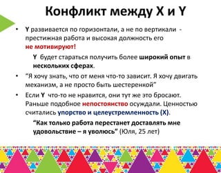 Конфликт между Х и Y
• Y развивается по горизонтали, а не по вертикали -
  престижная работа и высокая должность его
  не мотивируют!
     Y будет стараться получить более широкий опыт в
     нескольких сферах.
• “Я хочу знать, что от меня что-то зависит. Я хочу двигать
  механизм, а не просто быть шестеренкой”
• Если Y что-то не нравится, они тут же это бросают.
  Раньше подобное непостоянство осуждали. Ценностью
  считались упорство и целеустремленность (Х).
     “Как только работа перестанет доставлять мне
     удовольствие – я уволюсь” (Юля, 25 лет)
 