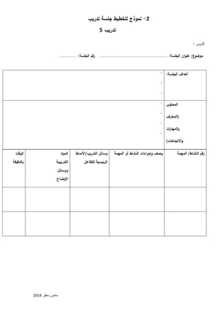 مامون مطر 2102 
2 نموذج لتخطيط جلسة تدريب - 
تدريب 5 
الدرس : 
رقم الجلسة: .................. موضوع/ عنوان الجلسة: ........................................................................ 
رقم النشاط/ المهمة 
وصف واج ا رءات النشاط أو المهمة 
وسائل التدريب/الأنماط 
الرئيسية للتفاعل 
المواد 
التدريبية 
ووسائل 
الإيضاح 
الوقت 
بالدقيقة 
أهداف الجلسة: 
- 
- 
- 
المحتوى 
)المعارف 
والمها ا رت 
والاتجاهات( 
- 
- 
- 
- 
 