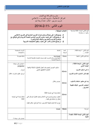 12 | P a g e 
دليل المدرب الاعلامي 
مشروع الشراكة مع الشباب 
المراكز الاعلامية تدريب المدرب الاعلامي – – 
تدريب مدربين اعلام لمدة اربعة ايام - 
- - - اليوم الثاني 2114 2 11 
الاهداف المتوقعة : 
-1 يصبح قادرا على معرفة وسائل وادوات التدريب المناسبة في التدريب الاعلامي. 
-2 ان يصبح قادرا على تحديد اسلوب التدريب المناسب للحصة التدريبة والتي تتوافق مع 
موضوع التدريب والمتدربين والوقت المتاح للدورة 
-3 ان يصبح المتدرب قادرا على تحديد وتقييم الاحتياجات التدريبية 
اليوم الثاني :الوحدة الثالثة /والرابعة 
رقمها -- ومحتواها - 
الادوات المستخدمة 
والاحتياجات 
النشاط 
المدة 
الزمنية 
اليوم الثاني : الوحدة الثالثة : 
الجلسة...... 
نشاط مجموعة 
Ice break 
تنشيط حول وسائل التدريب/ كيف نوصل المعلومة بالطريقة المناسبة 
والوسيلة المناسبة / 
15min 
بداية اليوم الثاني / تنشيط 
عرض باور بوينت – projector 
لوح او 
اوراق فليب تشارت اقلام – – 
نشاط رقم 1 في الوحدة 
الثالثة 
اساليب العرض /مجموعات العمل /التمثيل/ الامثلة الواقعية 
/المقارنة /التطبيق العملي 
عرض ونقاش 
نشاط رقم 1 في الوحدة الثالثة 
اختيار موضوع تدريب في الاعلام وتحديد افضل الوسائل التي 
يمكن ان تستخدم في تنفيذه . 
مع مراعاة تحديد طبيعة المتدربين مدة البرنامج مكان تنفيذه – – 
. 
45min 
30min 
30min 
اليوم الثاني : الوحدة الثالثة : 
الجلسة الاولى 
ما هي اساليب التدريب 
كيف نقرر الاسلوب الانسب للتدريب 
وما هي معايير استخدام الاسلوب 
المحتوى التدريبي /الوقت /طبيعة 
المتدربين . 
break 
10min استراحة 
عرض باور بوينت / 
: اليوم الثاني: الوحدة الثالثة: الجلسة 
الثانية 
 