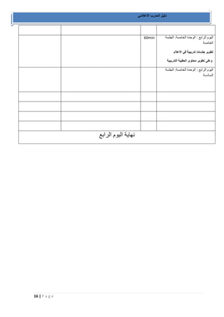 16 | P a g e 
دليل المدرب الاعلامي 
60min 
اليوم الرابع : الوحدة الخامسة: الجلسة 
الخامسة 
تطوير جلسات تدريبية في الاعلام 
وعلى تطوير محتوى الحقيبة التدريبية 
اليوم الرابع : الوحدة الخامسة: الجلسة 
السادسة 
نهاية اليوم الرابع 
 