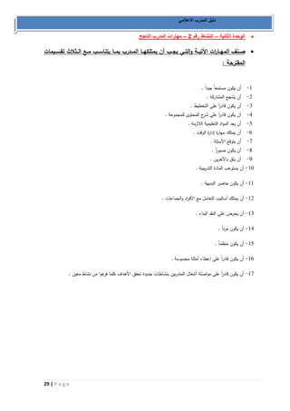 29 | P a g e 
دليل المدرب الاعلامي 
 الوحدة الثانية النشاط رقم – 2 مهارات المدرب الناجح – 
 صــنف المهــا ا رت الآتيــة والتــي يجــب أن يمتلكهــا المــدرب بمــا يتناســب مــع الــثلا تقســيمات 
المقترحة : 
-0 أن يكون مستمعاً جيداً . 
-2 أن يشجع المشاركة . 
-3 أن يكون قاد ا رً على التخطيط . 
-4 أن يكون قاد ا رً على شرح المحتوى للمجموعة . 
-5 أن يعد المواد التعليمية اللازمة . 
-6 أن يمتلك مهارة إدارة الوقت . 
-7 أن يتوقع الأسئلة . 
-8 أن يكون صبو ا رً . 
-9 أن يثق بالآخرين . 
01 أن يستوعب المادة التدريبية . - 
00 أن يكون حاضر البديهة . - 
02 أن يمتلك أساليب التعامل مع الأف ا رد والجماعات . - 
03 أن يحرص على النقد البناء . - 
04 أن يكون مرناً . - 
05 أن يكون منظماً . - 
06 أن يكون قاد ا رً على إعطاء أمثلة محسوسة . - 
07 أن يكون قاد ا رً على مواصلة أشغال المتدربين بنشاطات جديدة تحقق الأهداف كلما فرغوا من نشاط معين . - 
 