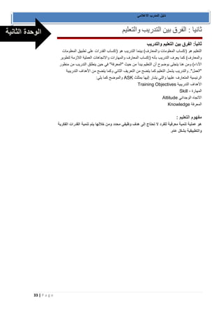 33 | P a g e 
دليل المدرب الاعلامي 
ثانيا : الفرق بين التدريب والتعليم 
ثانيا : الفرق بين التعليم والتدريب 
التعليم هو )إكساب المعلومات والمعارف( بينما التدريب هو )إكساب القدرات على تطبيق المعلومات 
والمعارف( كما يعرف التدريب بأنه )إكساب المعارف والمهارات والاتجاهات العملية اللازمة لتطوير 
الأداء( ومن هنا يتجلى بوضوح أن التعليم يبدأ من حيث "المعرفة" في حين ينطلق التدريب من منظور 
"العمل". والتدريب يشمل التعليم كما يتضح من التعريف الثاني وكما يتضح من الأهداف التدريبية 
الرئيسية المتعارف عليها والتي يشار إليها بمثلث ASK والموضح كما يلي: 
الأهداف التدريبية Training Objectives 
المهارة - Skill 
الاتجاه الوجداني Attitude 
المعرفة Knowledge 
مفهوم التعليم : هو عملية تنمية معرفية للفرد لا تحتاج إلى هدف وظيفي محدد ومن خلالها يتم تنمية القدرات الفكرية 
والتطبيقية بشكل عام. 
الوحدة الثانية 
 