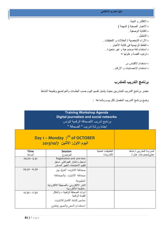 81 | P a g e 
دليل المدرب الاعلامي 
ه الافكار و البنية . 
ه الاخبار الصعبة ) المهمة ( 
ه الكتابة الوصفية . 
ه التحليل . 
ه الآراء الشخصية / المقالات و التعليقات . 
ه النقاط الرئيسية فى كتابة الأخبار . 
ه استخدام لغة موضوعية و غير متحيزة . 
ه ترتيب القصة و طولها < 
ه استخدام الاقتباس س 
ه استخدام الإحصائيات و الارقام . 
برنامج التدريب للمتدرب 
حضر برنامج التدريب للمتدربين بحيث يشمل تقسيم اليوم حسب الجلسات والمواضيع وطبيعة النشاط 
وضع برنامج التدريب المفصل لكل يوم وبالساعة : 
Training Workshop Agenda Digital journalism and social networks برنامج تدريب /الصحافة الرقمية /تونس 
اجندة ورشة تدريب " الصحافة " 
Day 1 – Monday 7th of OCTOBER 3102/01/ اليوم الاول: الاثنين 7 
Time 
الساعة 
Session 
الموضوع 
التطبيقات العملية 
/التدريبات 
المدرب/ المتدربين / نشاط 
عملي/مجموعات عمل / 
09.00– 9.30 Registration and pre-test تسجيل واختبار تقييم قبلي مسبق 
لتقييم الاحتياجات /تغيير المساؤر 
09.30 - 10.30 صحافة الانترنت: الفرق بين 
صحافة الانترنت والصحافة 
المطبوعة. 
النشر الالكتروني الصحيفة الالكترونية – 
الطبعة الالكترونية – 
10.30 – 11.30 
ادوات الصحافة الرقمية واشكال – 
القصة الرقمية 
عناصر كتابة الأخبار للانترنت: 
استخدام النص والصور وتقارير 
 