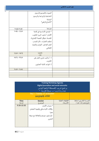 82 | P a g e 
دليل المدرب الاعلامي 
الصوت والفيديو والرسوم 
التفاعلية والروابط والرسوم 
البيانية. 
"الاندماج الرقمي" 
- 33.11 33.31 
استراحة 
11.11 – 13.30 * المبادئ الأساسية في كتابة 
الأخبار: أسلوب الهرم المقلوب، 
المقدمة، هيكل القصة الإخبارية، 
تنظيم الفقرات، ذكر المصدر، 
الخبر العاجل، التوازن والحياد 
الإعلامي. 
13.30 – 11.31 Lunch غداء 
11.31 – 16.30 1 أساليب تحرير الخبر على - 
الأنترنت. 
2 قواعد كتابة العناوين. - 
15.30 – 15.45 
Training Workshop Agenda Digital journalism and social networks برنامج تدريب /الصحافة الرقمية /تونس 
اجندة ورشة تدريب ا ب صحافة الكترونية " 
Day 2 – Tuesday 8th of October 3102/01/ الثلاثاء 8 
Time الساعة 
Session الموضوع 
التطبيقات العملية 
/التدريبات 
المدرب/ المتدربين / نشاط 
عملي/مجموعات عمل / 
- 9:11 01:11 * مصادر الأخبار: 
وكالات الأنباء:ماهي وكيفية التعامل 
معها 
المراسلين: دورهم والعلاقة مع غرفة 
التحرير 
 