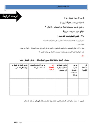 86 | P a g e 
دليل المدرب الاعلامي 
الوحدة الرابعة نشاط رقم 5 : 
اذا اردنا ان تصمم حقيبة تدريبية : 
برنامج تدريب اساسيات العمل في الصحافة والاعلام " 
نموذج تقييم احتياجات تدريبية 
اولا : تقييم الاحتياجات التدريبية : 
صمم نموذج من خلاله يمكنك الاستدلال والتعرف على الاحتياجات التدريبية: 
يتناول التالي : 
مستوى الاداء الحالي للصحفيين والاعلاميين المرشحي نو المشاركين في الدورة في مجال الصحافة والاعلام من حيث 
المعرفة والمهارات والاتجاهات في استخدام الصحافة والاعلام في مراكز الشباب .؟ 
مثال : 
مصادر المعلومات/ اليات جمع المعلومات وطرق التحقق منها 
ما هي المهارات المطلوب 
توفرها في الصحفي 
ما هي الادوات والمعدات 
المستخدمة قي ذلك 
في 
الصحافة 
الرقمية 
ما هي المهارات 
المطلوب توفرها 
في الصحفي 
ما هي 
الادوات 
والمعدات 
المستخدمة 
قي ذلك 
في 
الصحافة 
التقليدية 
تدريب : ضع مثال اخر لاستمارة تقييم للمتدربين المتوقع مشاركتهم في مراكز الاعلام 
الوحدة الرابعة 
 
