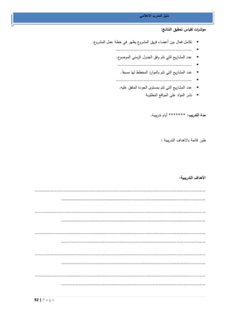 92 | P a g e 
دليل المدرب الاعلامي 
مؤش ا رت لقياس تحقيق النتائج: 
 تكامل فعال بين أعضاء فريق المشروع يظهر في خطة عمل المشروع. 
 .................................................... 
 عدد المشاريع التي تتم وفق الجدول الزمني الموضوع. 
 ................................................... 
 عدد المشاريع التي تتم بالموارد المخطط لها مسبقاً. 
 .................................................... 
 عدد المشاريع التي تتم بمستوى الجودة المتفق عليه. 
 نشر المواد على المواقع المطلوبة 
مدة التدريب: ******* أيام تدريبية. 
طور قائمة بالاهداف التدريبية : 
الأهداف التدريبية: 
..................................................................................................................... 
................................................................................................... 
..................................................................................................................... 
................................................................................................... 
..................................................................................................................... 
................................................................................................... 
..................................................................................................................... 
................................................................................................... 
..................................................................................................................... 
................................................................................................... 
 