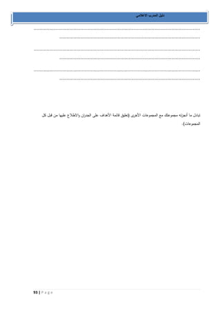 93 | P a g e 
دليل المدرب الاعلامي 
..................................................................................................................... 
................................................................................................... 
..................................................................................................................... 
................................................................................................... 
..................................................................................................................... 
................................................................................................... 
تبادل ما أنجزته مجموعتك مع المجموعات الأخرى )تعليق قائمة الأهداف على الجد ا رن والاطلاع عليها من قبل كل 
المجموعات(. 
 