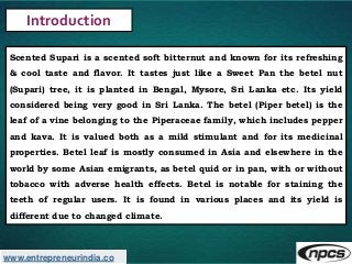 www.entrepreneurindia.co
Introduction
Scented Supari is a scented soft bitternut and known for its refreshing
& cool taste...
