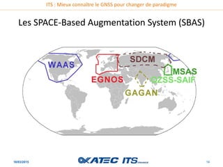 ITS : Mieux connaître le GNSS pour changer de paradigme
Les SPACE-Based Augmentation System (SBAS)
16/03/2015 14
 