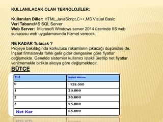 KULLANILACAK OLAN TEKNOLOJİLER:
Kullanılan Diller: HTML,JavaScript,C++,MS Visual Basic
Veri Tabanı:MS SQL Server
Web Server: Microsoft Windows server 2014 üzerinde IIS web
sunucusu web uygulamasında hizmet verecek.
NE KADAR Tutacak ?
Projeye bakıldığında korkutucu rakamların çıkacağı düşünülse de.
İnşaat firmalarıyla farklı gelir gider dengesine göre fiyatlar
değişmekte. Genelde sistemler kullanıcı istekli üretilip net fiyatlar
verilmemekle birlikte alıcıya göre değişmektedir.
BÜTÇE
 