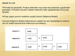 PROJE PLANI:
Firmalar ile görüşüldü. Projeye eklemeler veya proje dışı bırakacak uygulamalar
görüşüldü. Firmaların alıcıların istekleri hakkında neler yapılabileceği konusunda
tartışıldı.
Proje yaşam çevrimi modelimiz seçildi.(Artımlı Geliştirme Modeli)
Artımsal Geliştirme Modeli kullanmamızın sebebi her yeni tasarladığımız sisteme
yeni bir özellik kazandırarak kullanıcıya sunmaktayız.
 