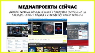 МЕДИАПРОЕКТЫ СЕЙЧАС
Дизайн-система, объединяющая 9 продуктов (остальные на
подходе). Единый подход к интерфейсу, новые сервисы.
 