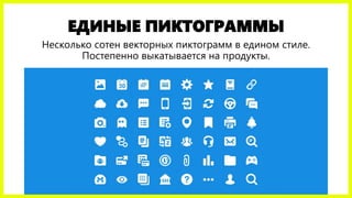 ЕДИНЫЕ ПИКТОГРАММЫ
Несколько сотен векторных пиктограмм в едином стиле.
Постепенно выкатывается на продукты.
 