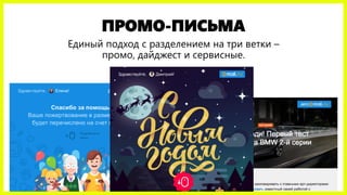 ПИСЬМА РАССЫЛКИ
Единый подход с разделением на три ветки –
промо, дайджест и сервисные.
 