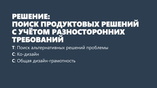 РЕШЕНИЕ:
ПОИСК ПРОДУКТОВЫХ РЕШЕНИЙ
С УЧЁТОМ РАЗНОСТОРОННИХ
ТРЕБОВАНИЙ
Т: Поиск альтернативных решений проблемы
С: Ко-дизайн
С: Общая дизайн-грамотность
 