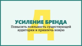 УСИЛЕНИЕ БРЕНДА
Повысить лояльность существующей
аудитории и привлечь новую
 