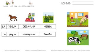 NOMBRE:
4. LEE. UNE CON LA IMAGEN CORRECTA
METODO GLOBAL, LETRA “y” HABLA-M cortes0alba.blogspot.com.es Belén Caro, Natalia Cortés , Lourdes García , José A. Mora , Cristina González
LA YEGUA DESAYUNA HIERBA
La yegua desayuna hierba
 
