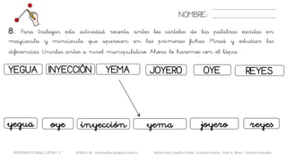 NOMBRE:
8. Para trabajar esta actividad recorta antes los carteles de las palabras escritas en
mayúscula y minúscula que aparecen en las primeras fichas. Mirad y estudiar las
diferencias. Unirlas antes a nivel manipulativo. Ahora lo haremos con el lápiz.
METODO GLOBAL, LETRA “y” HABLA-M cortes0alba.blogspot.com.es Belén Caro, Natalia Cortés , Lourdes García, José A. Mora , Cristina González
YEGUA YEMAINYECCIÓN
oyeyegua inyección
JOYERO OYE
yema reyes
REYES
joyero
 