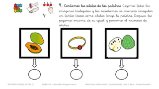 9. Contamos las sílabas de las palabras. Cogemos todas las
imágenes trabajadas y las recortamos de manera irregular
en tantos trozos como sílabas tenga la palabra. Después, las
pegamos encima de su igual y ponemos el número de
sílabas.
y
METODO GLOBAL, LETRA “y“ HABLA-M cortes0alba.blogspot.com.es Belén Caro, Natalia Cortés , Lourdes García , José A. Mora , Cristina González
 