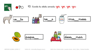 co__te re__s ma__nesa
desa__nar
METODO GLOBAL, LETRA “y“ HABLA-M cortes0alba.blogspot.com.es Belén Caro, Natalia Cortés , Lourdes García, José A. Mora , Cristina González
papa__
10. Escribe la sílaba correcta. ya, ye, yo, yu
 
