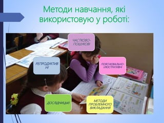 Методи навчання, які
використовую у роботі:
ЧАСТКОВО-
ПОШУКОВІ
ПОЯСНЮВАЛЬНО-
ІЛЮСТРАТИВНІ
МЕТОДИ
ПРОБЛЕМНОГО
ВИКЛАДАННЯ
ДОСЛІДНИЦЬКІ
РЕПРОДУКТИВ
НІ
 