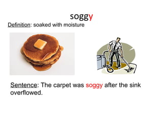 soggy
Sentence: The carpet was soggy after the sink
overflowed.
Definition: soaked with moisture
 