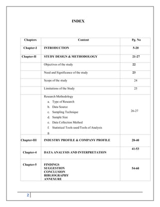 2
INDEX
Chapters Content Pg. No
Chapter-I INTRODUCTION 5-20
Chapter-II STUDY DESIGN & METHODOLOGY 21-27
Objectives of the study 22
Need and Significance of the study 23
Scope of the study 24
Limitations of the Study 25
Research Methodology
a. Type of Research
b. Data Source
c. Sampling Technique
d. Sample Size
e. Data Collection Method
f. Statistical Tools used/Tools of Analysis
g.
26-27
Chapter-III INDUSTRY PROFILE & COMPANY PROFILE 28-40
Chapter-4 DATA ANALYSIS AND INTERPRETATION
41-53
Chapter-5 FINDINGS
SUGGESTION
CONCLUSION
BIBLIOGRAPHY
ANNEXURE
54-60
 