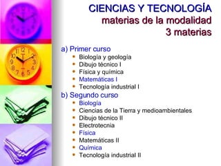 CIENCIAS Y TECNOLOGÍA materias de la modalidad 3 materias a) Primer curso Biología y geología Dibujo técnico I Física y química Matemáticas I Tecnología industrial I b) Segundo curso Biología Ciencias de la Tierra y medioambientales Dibujo técnico II Electrotecnia Física Matemáticas II Química Tecnología industrial II 