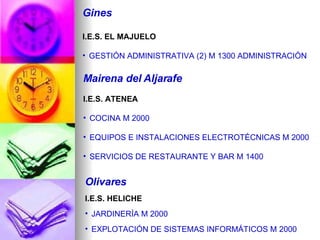 Gines I.E.S. EL MAJUELO GESTIÓN ADMINISTRATIVA (2) M 1300 ADMINISTRACIÓN Mairena del Aljarafe I.E.S. ATENEA COCINA M 2000 EQUIPOS E INSTALACIONES ELECTROTÉCNICAS M 2000 SERVICIOS DE RESTAURANTE Y BAR M 1400 Olivares I.E.S. HELICHE JARDINERÍA M 2000  EXPLOTACIÓN DE SISTEMAS INFORMÁTICOS M 2000 